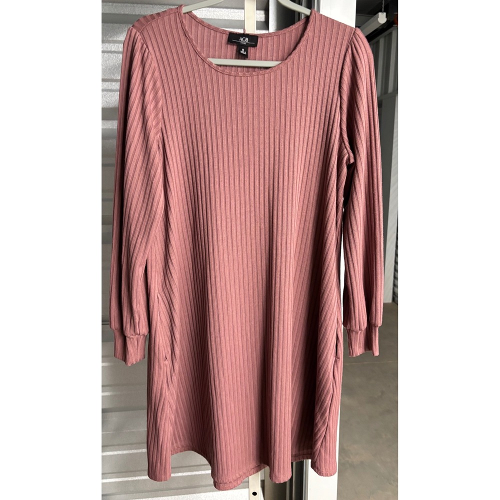 AGB Women Mauve Pink Ribbed Long Sleeve Knit Mini Shift Dress Size Medium